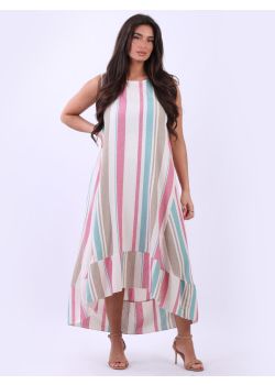 Made In Italy Stripy Print Linen Sleeveless Oversized Midi Dress