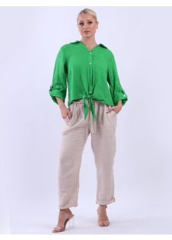 Made In Italy Twisted Knot Hem Linen Crop Boxy Shirt