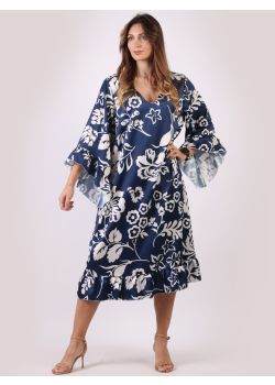 Made In Italy V-Neck Kimono Sleeves Floral Print Lagenlook Midi Swing Dress