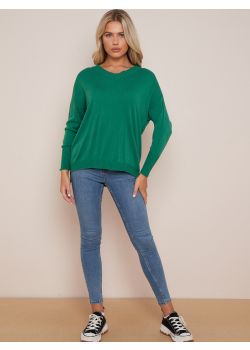 Made In Italy V-Neck Plain Ribbed Hi-Lo Lagenlook Knitted Top