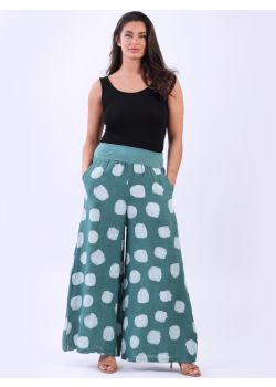 Made In Italy Wide Leg Polka Dots Linen Palazzo