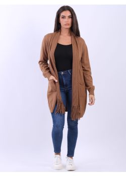 Open Front Water Fall Fringe Women Knitted Cardigan