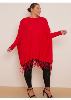 Plain Knitted Oversized Ribbed Sleeves Fringed-Hem Tunic Poncho