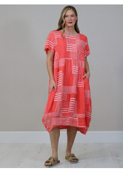 Abstract Linear Print Quirky Linen Lagenlook Midi Dress