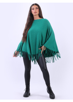 Chunky Fringed-Hem Glittery Women Knitted Poncho