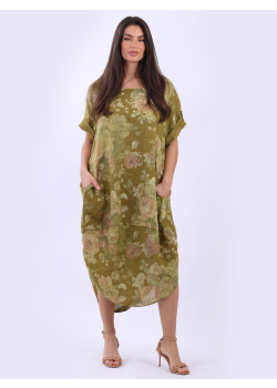 Floral Plus Size Lagenlook Linen Midi Dress