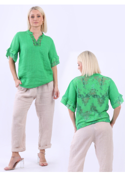 Italian Bell Arms Crochet Back Linen Lagenlook Top