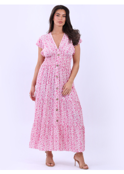 Italian Button-Front Floral Ruffle Maxi Dress