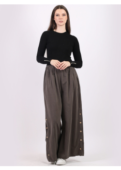 Italian Buttons Detail Plain Cotton Corduroy Wide Leg Trouser
