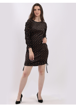 Italian Diamond Print Drawstring Ruched Velour Bodycon Dress