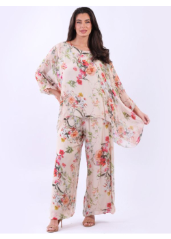Italian Double Layered Batwing Floral Print Silk Tunic Top