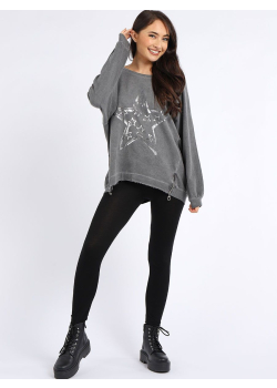 Italian Fancy Star Foil Print Cotton Lagenlook Sweat Top