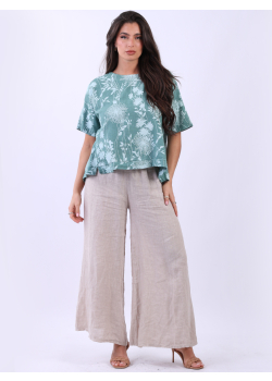 Italian Floral Print Lagenlook Linen Casual Crop Top