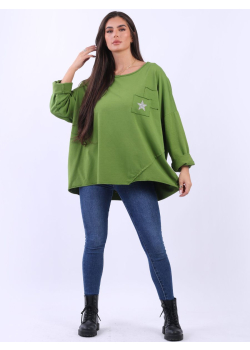 Plus Size Glittery Star Twin Pocket Lagenlook Cotton Tunic Top