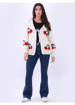 Italian Knitted Cherry Print Woolen Cardigan