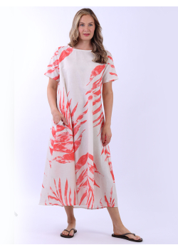 Italian Palm Leaf Print Slouchy Linen Dress