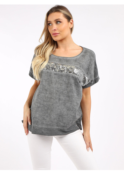 Italian Plain Acid Wash Sequin Patch Linen Lagenlook Fancy Crop Top