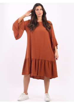 Italian Plain Bell Arms Backside Knot Lagenlook Frilled Midi Dress