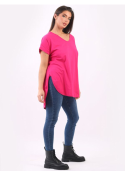 Italian Plain Cotton V-Neck Dipped Hem Lagenlook Top