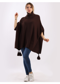 Italian Plain Cowl Neck Batwing Sleeves Tassels Tunic Poncho