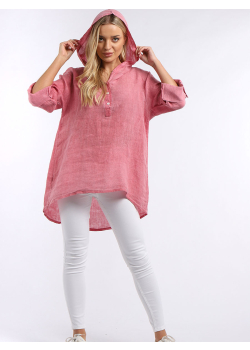 Italian Plain Front Buttons High Low Linen Lagenlook Hoodie Top
