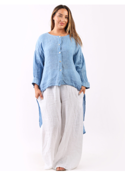 Italian Plain Front Buttons Linen Lagenlook High Low Dress