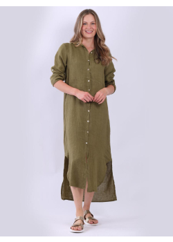 Italian Plain Front Buttons Linen Lagenlook Long Shirt Dress