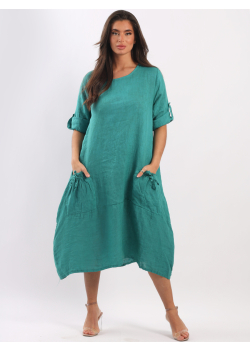 Plus Size Plain Front String Pockets Linen Lagenlook Slouchy Dress