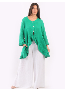 Italian Plain Linen Front Buttons Lagenlook Frill Edges Jacket