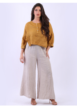 Italian Plain Linen Lagenlook Hi-Lo Crop Shirt Top