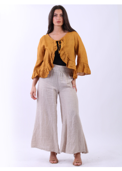 Italian Plain Linen Front Knot Ladies Lagenlook Frilled Hem Jacket