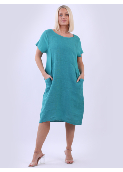 Plus Size Plain Linen Ribbed Sides Lagenlook Midi Dress