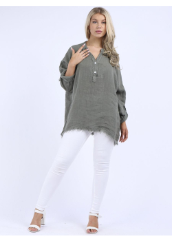 Plus Size Plain Raw Edges Relaxed Fit Linen Lagenlook Top