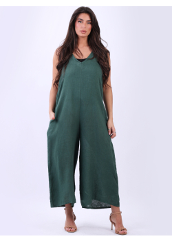 Italian Plain Sleeveless Linen Lagenlook Wide Leg Dungaree