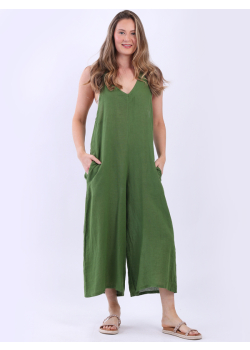 Italian Plain Sleeveless Linen Lagenlook Wide Leg Dungaree