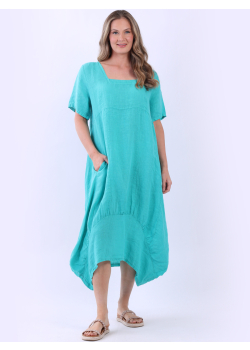Italian Plain Square Neck Quirky Balloon Hem Linen Tunic Dress