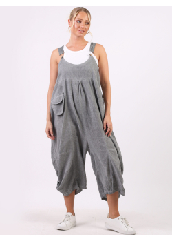 Italian Plain Wide Leg Linen Tabbed Hem Pabo Cropped Dungaree