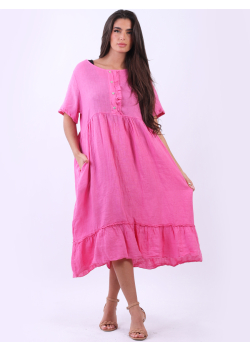 Plus Size Women Lagenlook Solid Linen Ruffle Dress