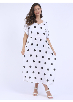 Plus Size Polka Dot Print Linen Lagenlook Slouchy Dress