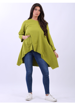 Italian Raw Edge Plain Cotton Lagenlook Tunic Sweat Top