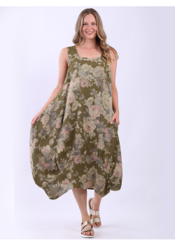 Italian Square Neck Floral Print Sleeveless Linen Dress