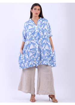 Italian Star Print Lagenlook Linen Shirt Dress
