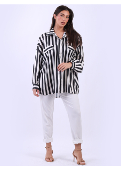Italian Stripy Print Button Down Cotton Women Shirt