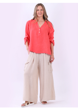 Italian Tabbed Sleeves Collarless Linen Baggy Top