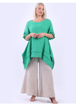 Italian Tabbed Sleeves Plain Linen Lagenlook Casual Tunic Top