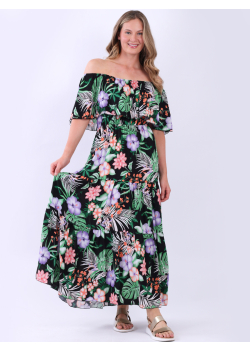 Italian Tropical Print Bardot Ruffle Trim Summer Dress