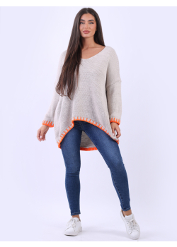 Italian V-Neck Blanket Stitch Knit Lagenlook Wooly Jumper