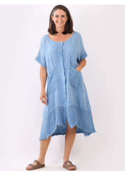 Italian Vintage Wash Plain Raw Edges Linen Lagenlook Shirt Dress
