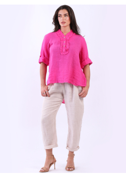 Italian Vintage Wash Ruffle Buttoned Placket Baggy Linen Tunic Top