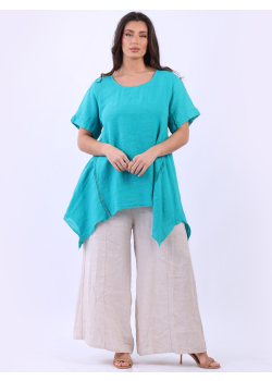 Italian Vintage Washed Solid Linen Crochet Detail Tunic Top